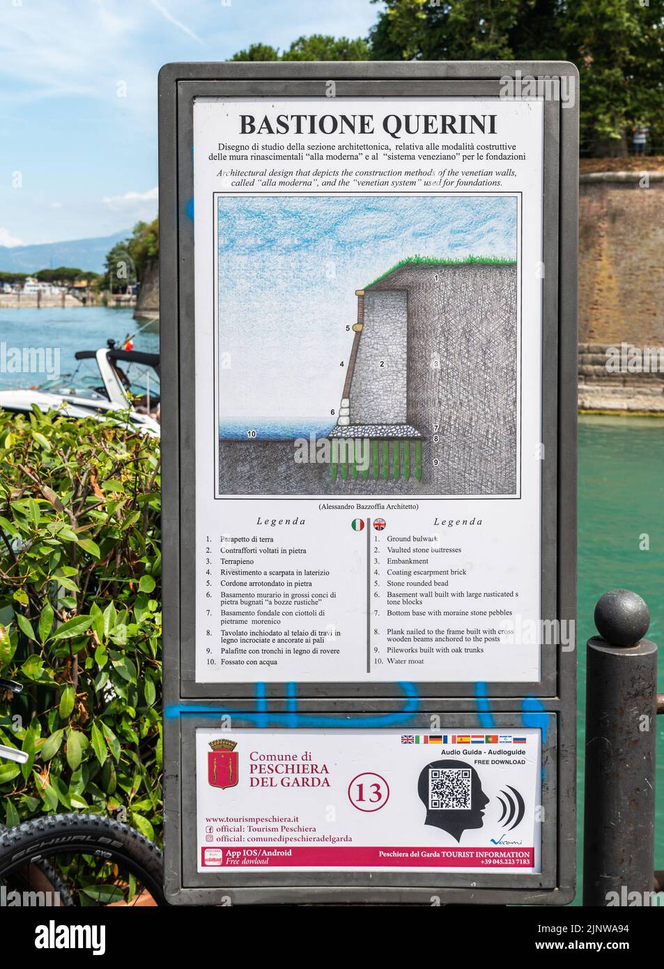 Informazioni turistiche che raccontano la storia delle mura veneziane della fortezza di Peschiera del Garda Veneto Foto Stock