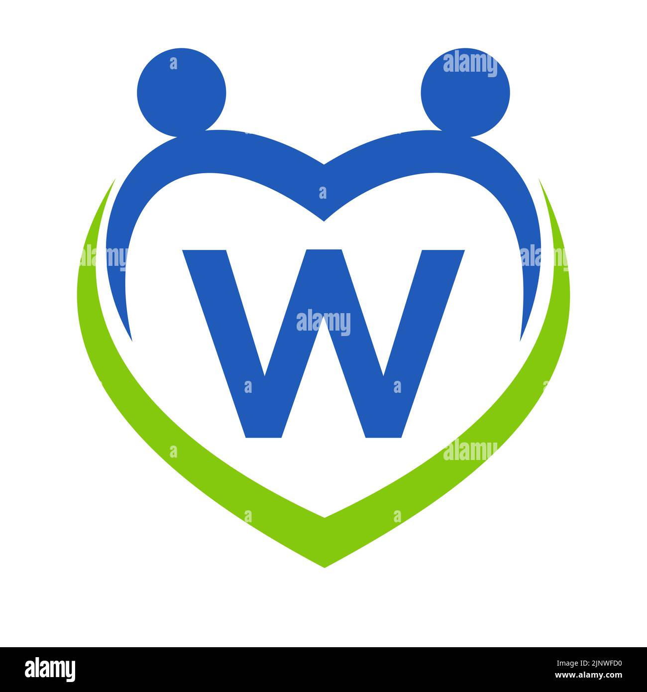 Modello di lettera W per il segno di assistenza sanitaria. Logo Unity e Teamwork. Logotipo della Fondazione beneficenza e donazione Illustrazione Vettoriale