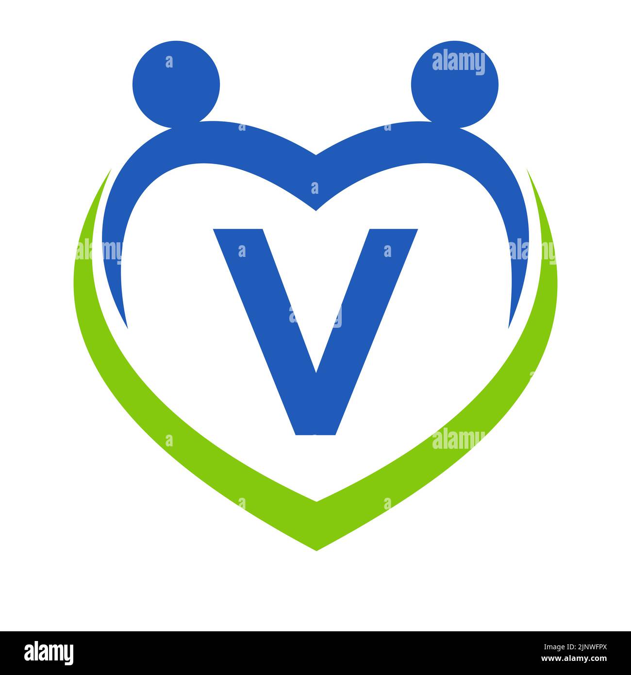 Modello di lettera V per il segno di assistenza sanitaria. Logo Unity e Teamwork. Logotipo della Fondazione beneficenza e donazione Illustrazione Vettoriale