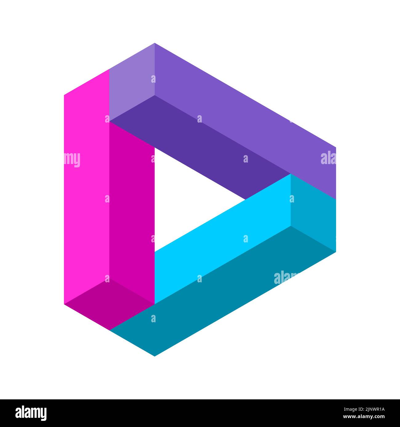 Forma triangolare impossibile. Oggetto triangolare geometrico colorato. Pulsante di riproduzione stilizzato. Modello del logo lettera D. Illusione ottica fatta di rettangoli. 3D Illustrazione Vettoriale