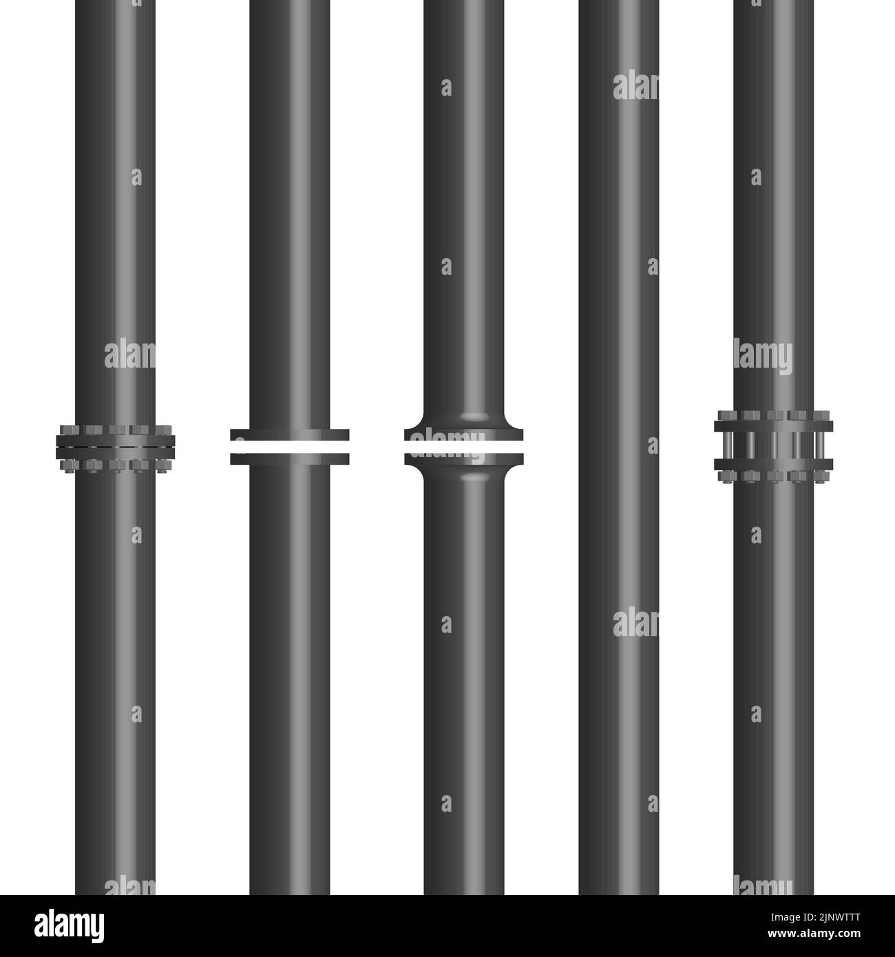 Set di tubi in acciaio con flange di collegamento, illustrazione vettoriale 3D. Illustrazione Vettoriale