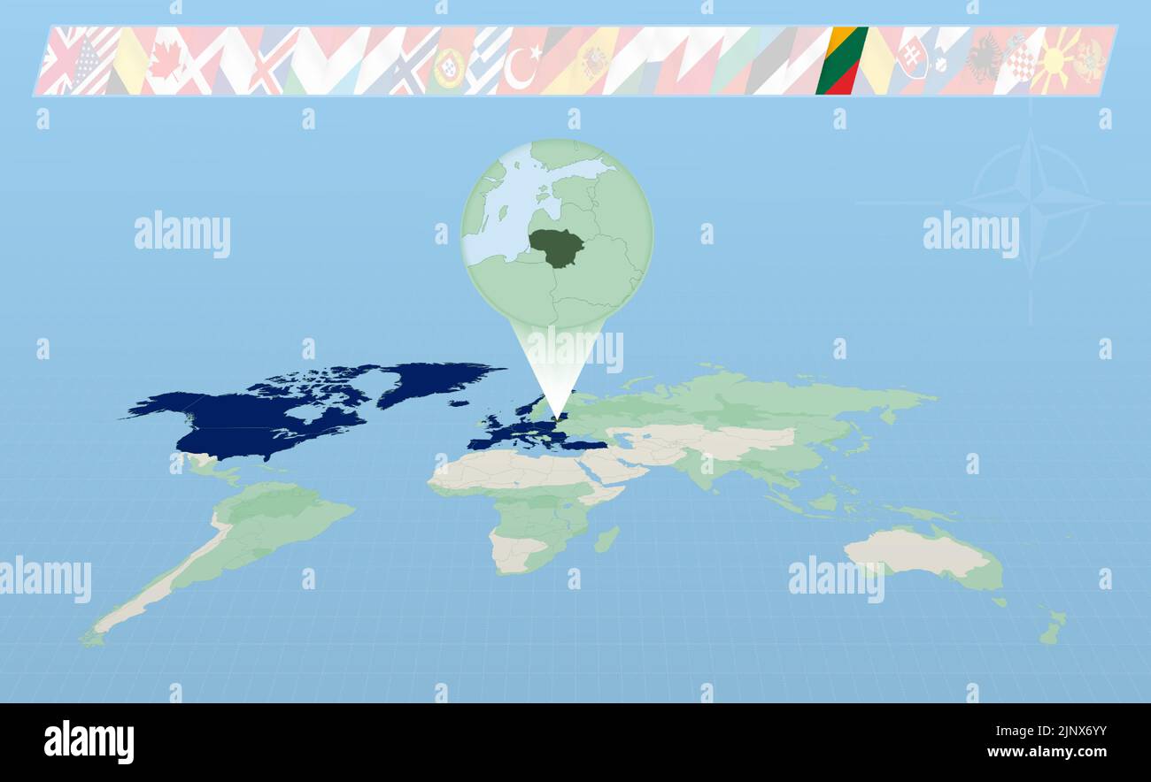 La Lituania è membro dell'Alleanza del Nord Atlantico e viene selezionata sulla mappa mondiale della prospettiva. Bandiere di 30 membri dell'alleanza. Illustrazione vettoriale. Illustrazione Vettoriale