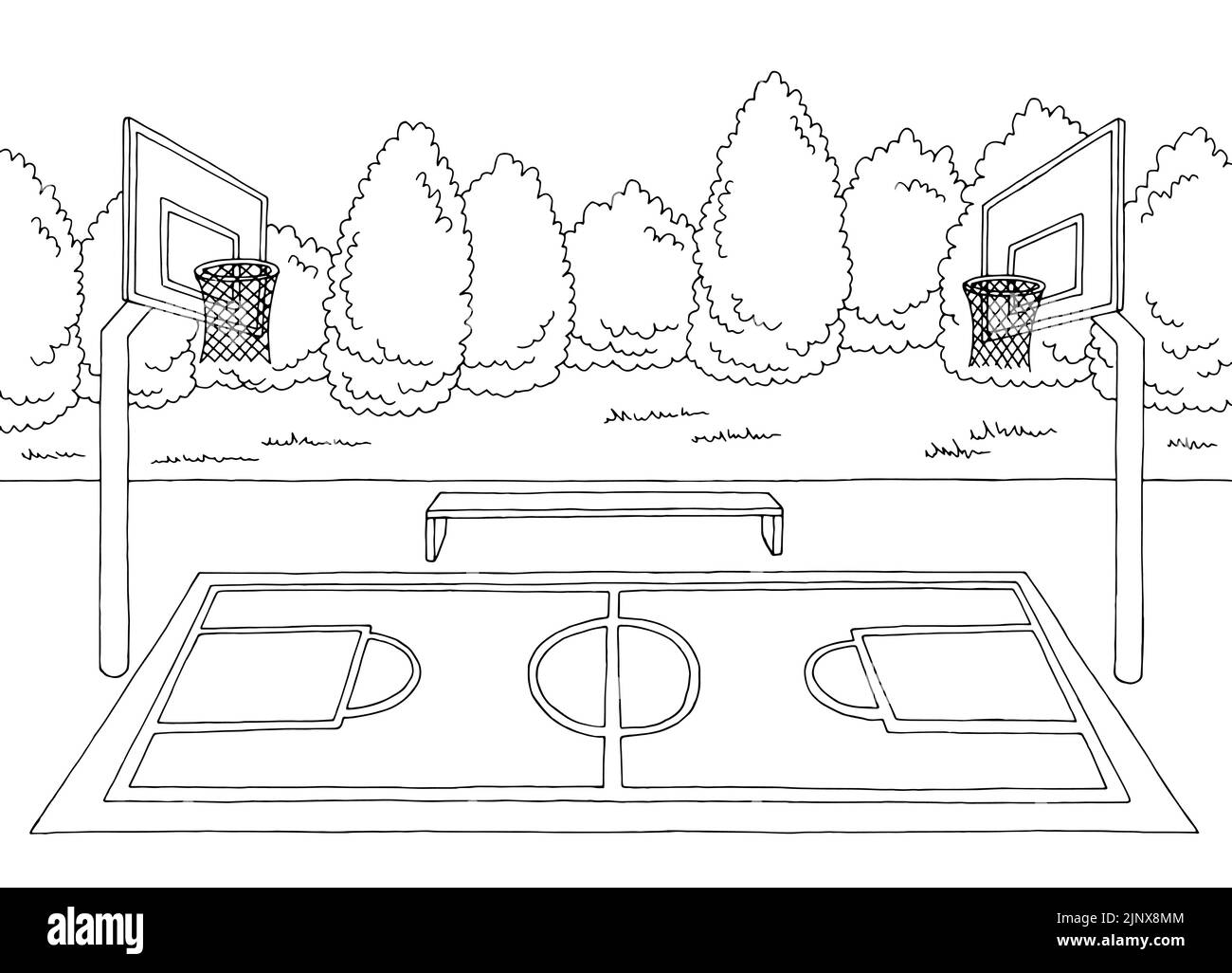 Pallacanestro campo sport grafica bianco nero paesaggio disegno vettore illustrazione Illustrazione Vettoriale