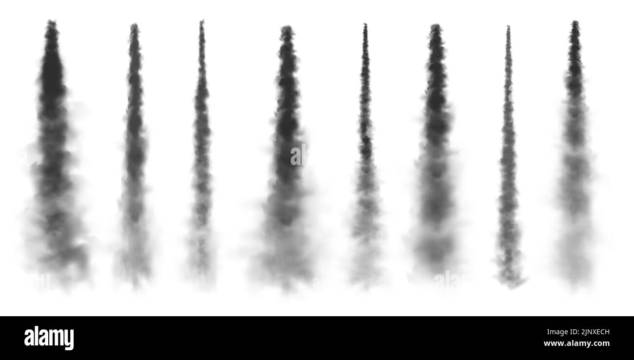 Missile realistico o bullet trail. Piste di condensazione di aerei, piste di aerei a reazione. Lancio del razzo spaziale. Nubi di fumo nero, esplosione. Flusso di vapore Illustrazione Vettoriale
