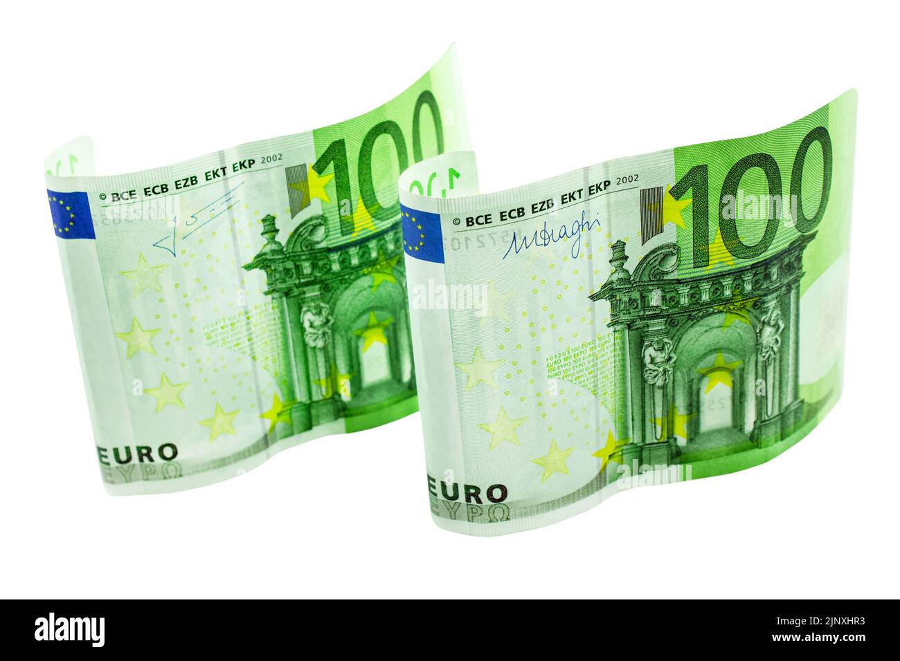 200 banconote in euro isolate su sfondo bianco Foto Stock