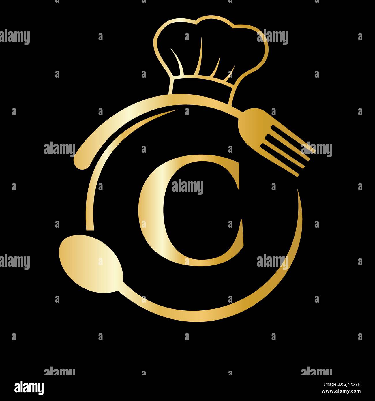 Logo del ristorante con concetto lettera C. Logo lettera C con cappello da chef, cucchiaio e forchetta per logo ristorante Illustrazione Vettoriale