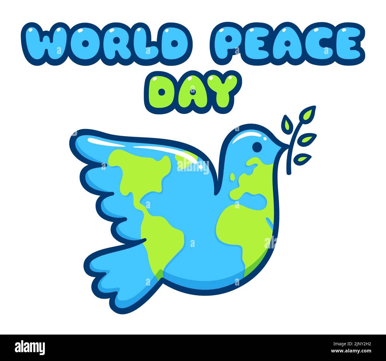 Giornata Internazionale della Pace. Colomba di pace con Planet Earth, banner design. Simpatica illustrazione vettoriale del cartone animato. Illustrazione Vettoriale