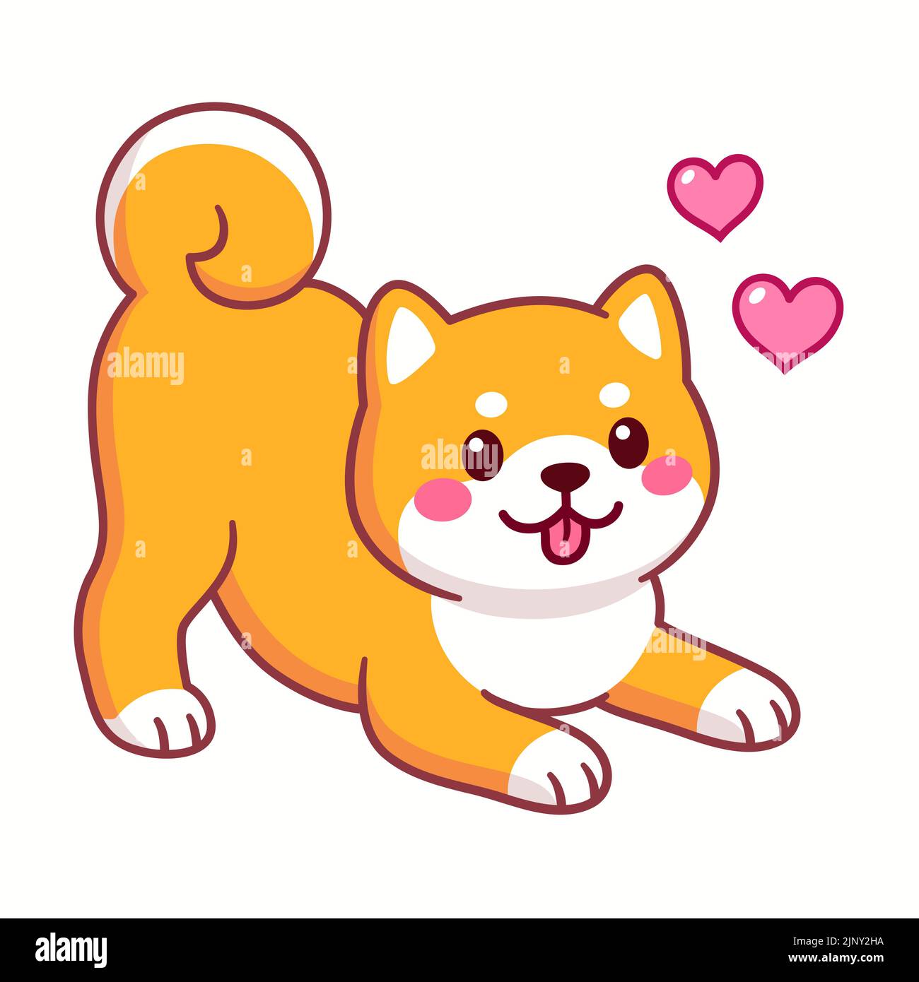 Simpatico cartone Shiba Inu in posa allegra con i cuori. Linguaggio del corpo del cane eccitato. Illustrazione divertente della clip vettoriale. Illustrazione Vettoriale