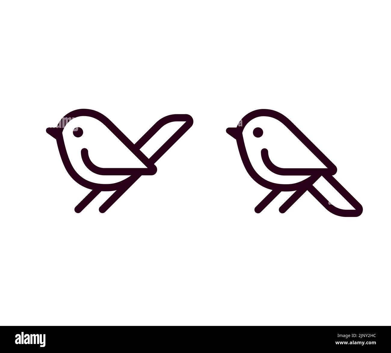 Icona di piccolo uccello, semplice linea cartoon art. 2 versioni con coda su e giù. Elemento minimal logo design, illustrazione vettoriale. Illustrazione Vettoriale