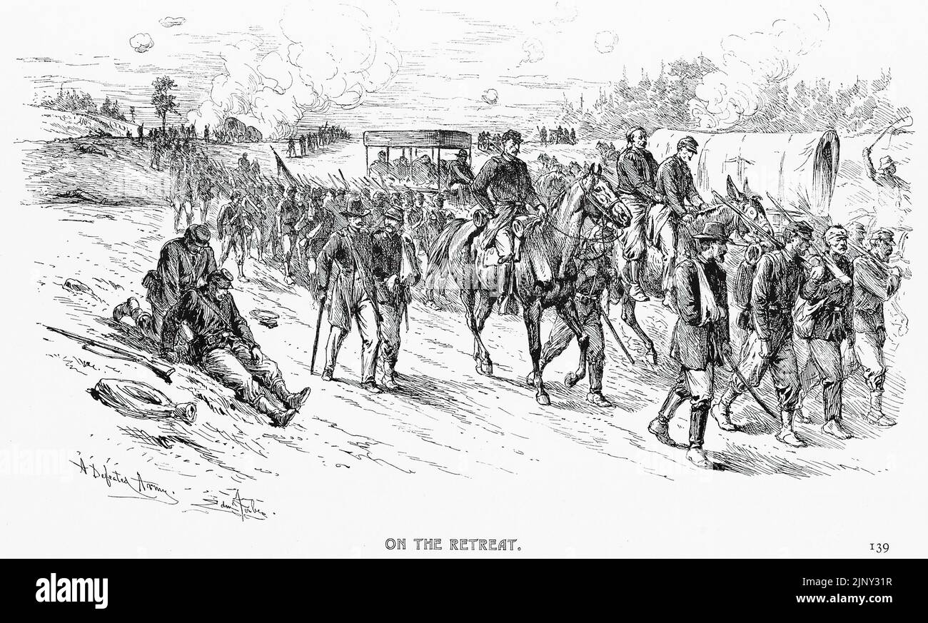 On the Retreat - Un esercito sconfitto. Seconda battaglia di Bull Run, 1862 agosto. Illustrazione della guerra civile americana del 19th secolo di Edwin Forbes Foto Stock