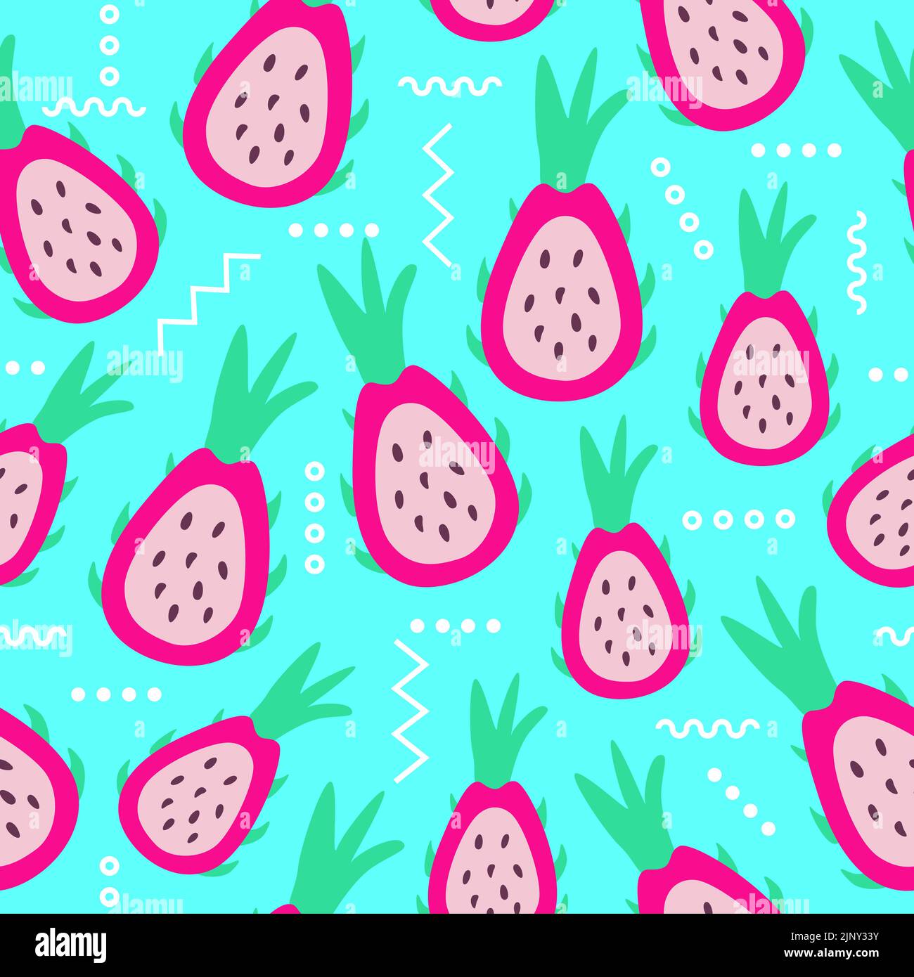 Frutti tropicali esotici e colorati frutti del drago Pitaya pitahaya. Elementi astratti motivo di sfondo senza giunture. Esclusivo design elegante disegnato a mano Illustrazione Vettoriale