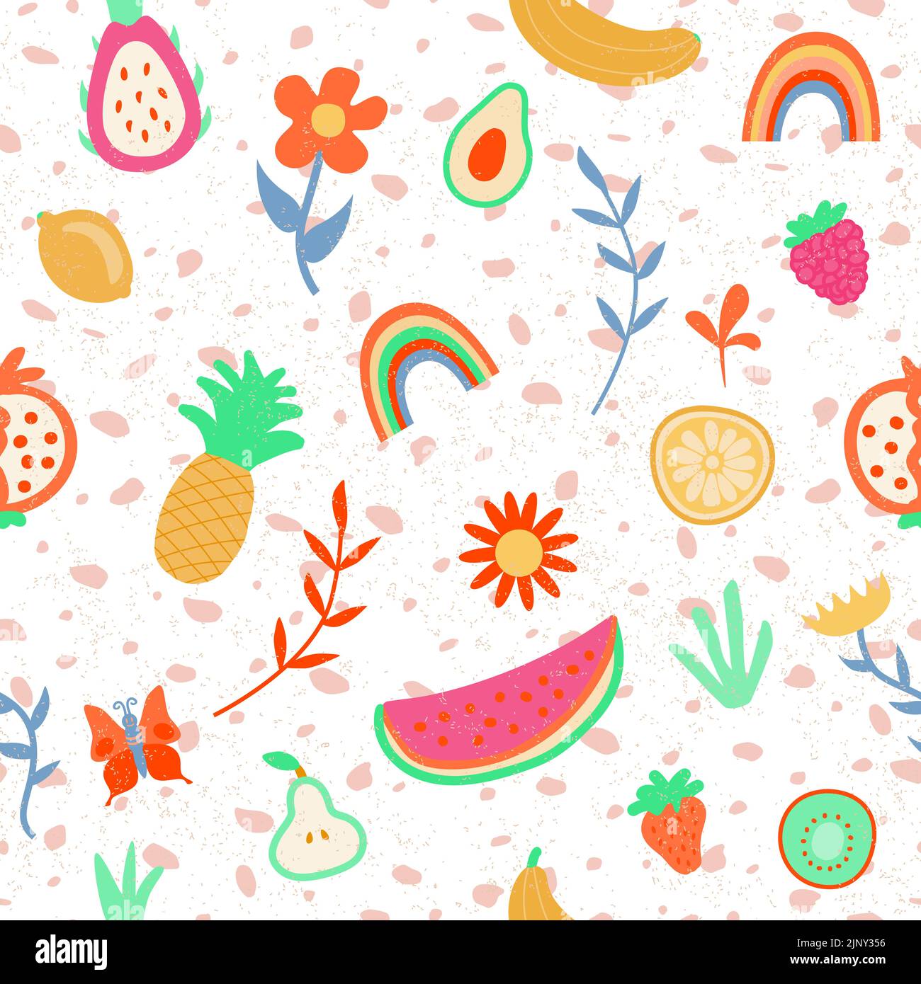 Colorful Vector Seamless Pattern con Cartoon Doodle Cute Fruits e Berries con motivi astratti. Estate frutta alimentare sfondo infantile Illustrazione Vettoriale