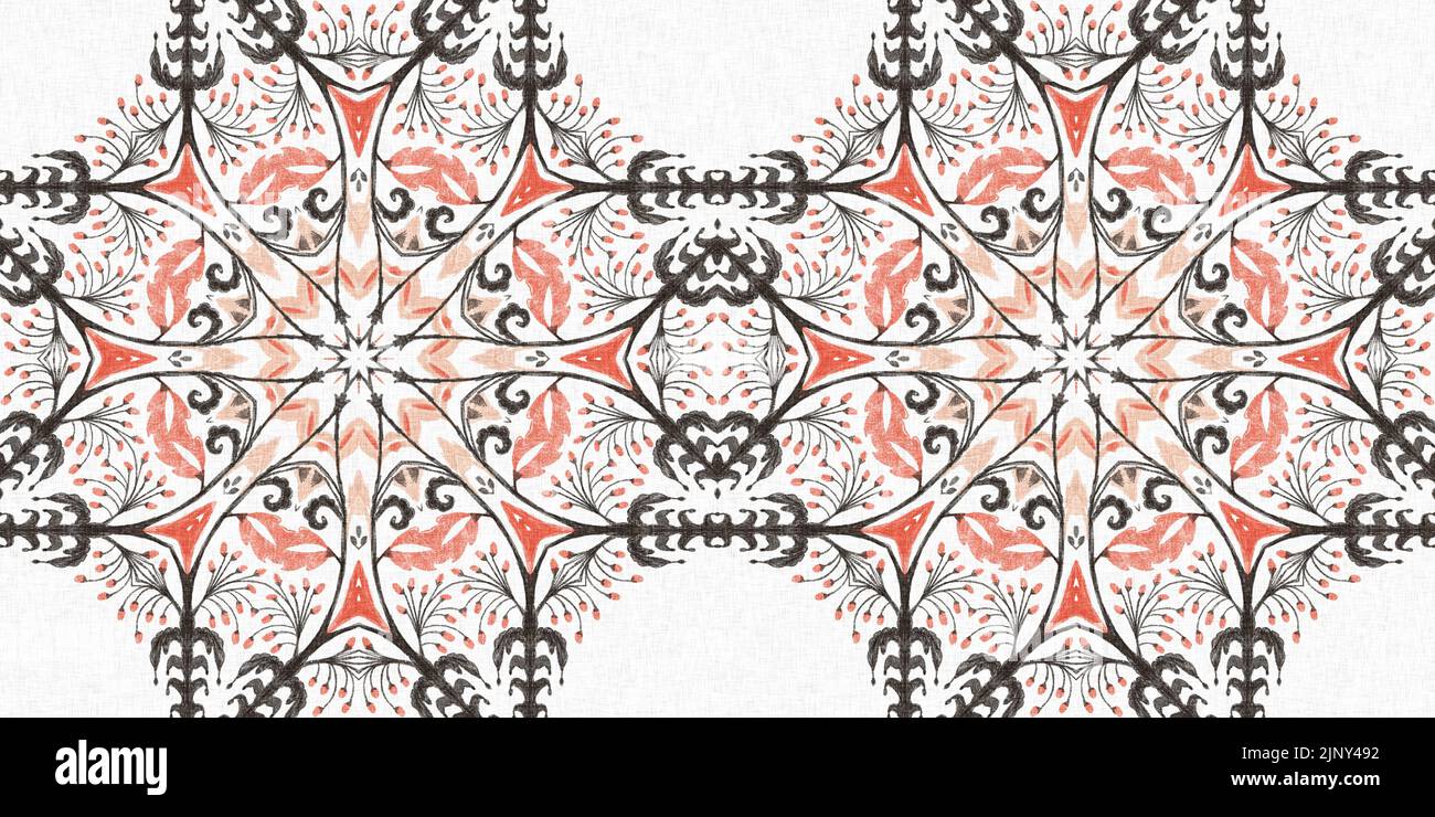 Moderno motivo boho geometrico trapuntato floreale senza cuciture. Shabby chic scandi rifiniture bordo fondo con effetto banner in lino. Foto Stock