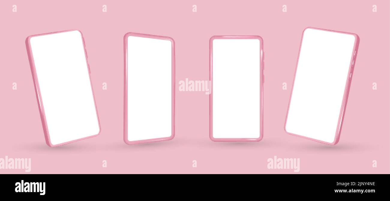 Imposta mockup smartphone rosa, set di modelli vettoriali 3D. Vista frontale del telefono cellulare su sfondo bianco Illustrazione Vettoriale