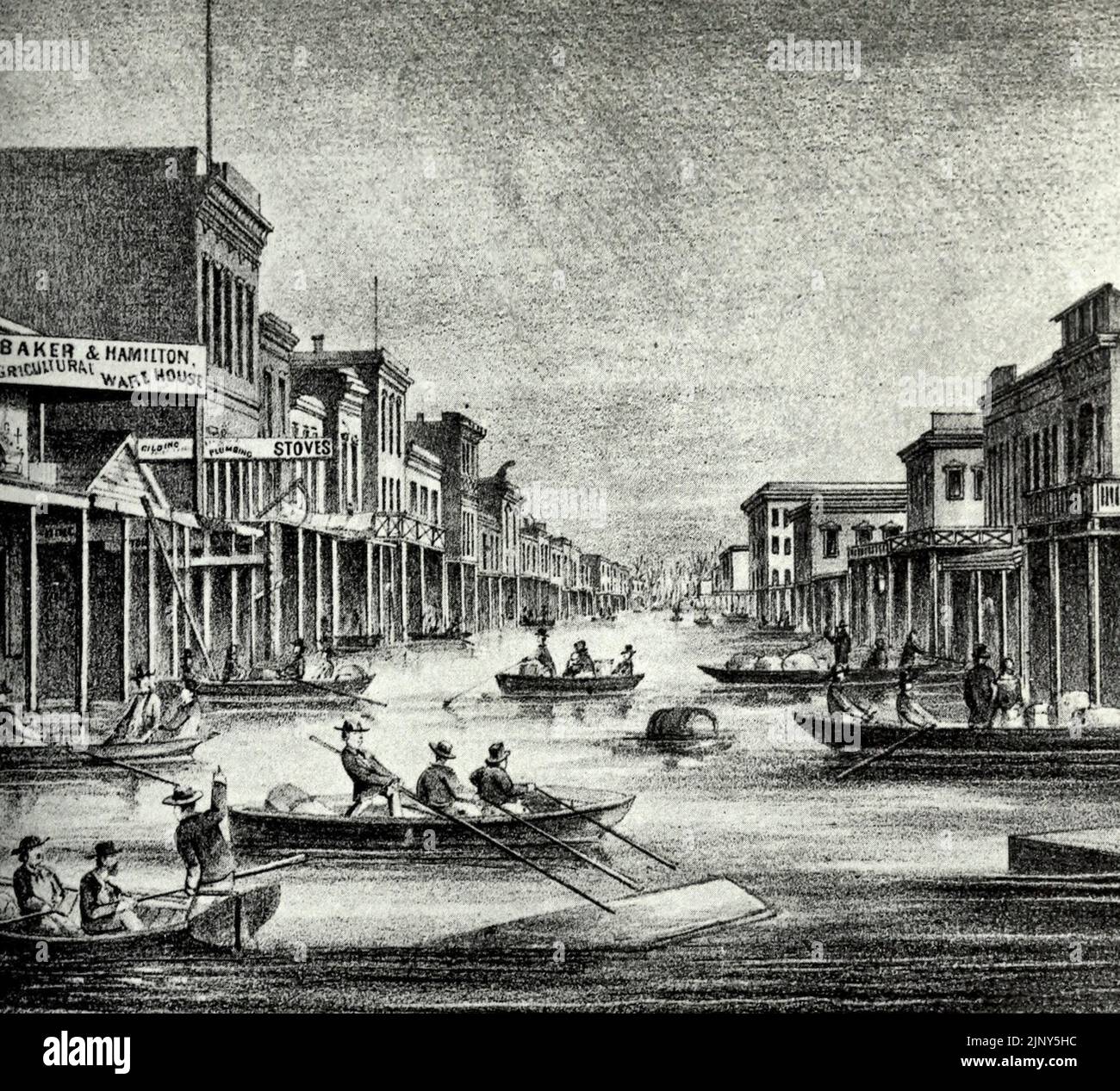 J Street dal levee. Sacramento, California durante il Grande diluvio del 1862 Foto Stock