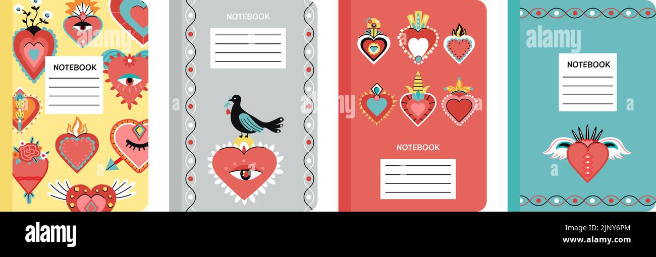 Modelli per notebook con copertina Hearts. Stile messicano sacro cuore design, diario o decorazione con simboli cattolicesimo. Carte vettoriali decenti retro Illustrazione Vettoriale