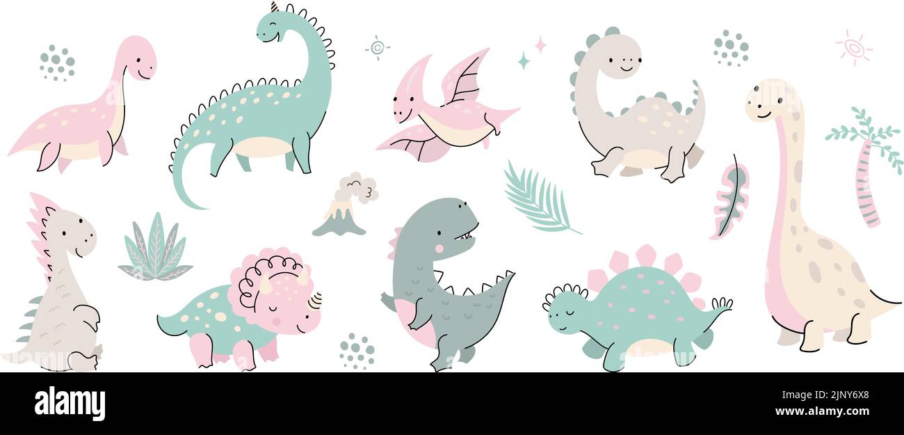 Carino dinosauro cartone animato piatto. Set dinosauri erbivori, bambini dino ed elementi naturali. Vulcano, palme e animali preistorici, vettore oggi Illustrazione Vettoriale