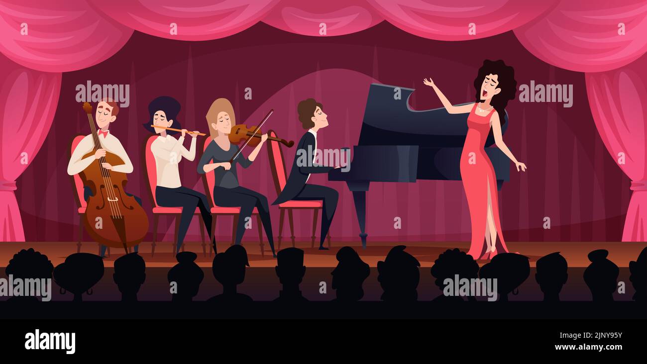 Cantanti teatrali. Artista lirico e band di musica classica sul palco esatto vettore cartoon sfondo Illustrazione Vettoriale