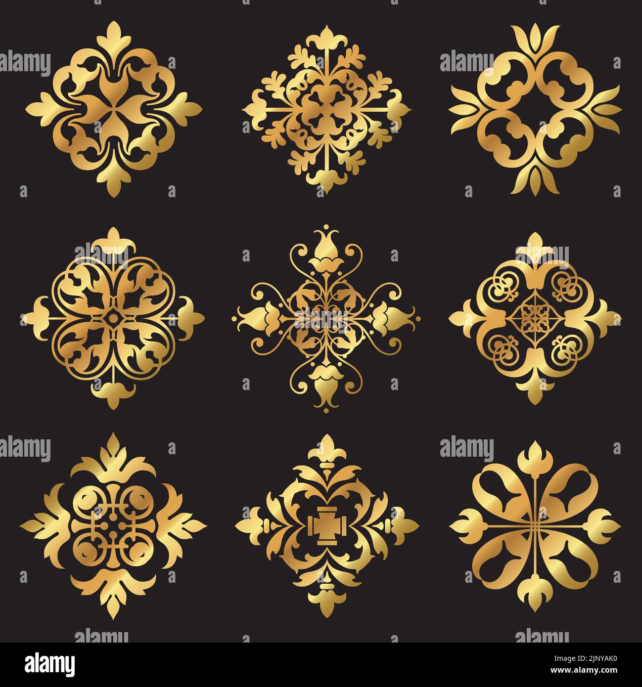 Un set di icone decorative vintage vettoriali in oro floreale trifoglio. Illustrazione Vettoriale