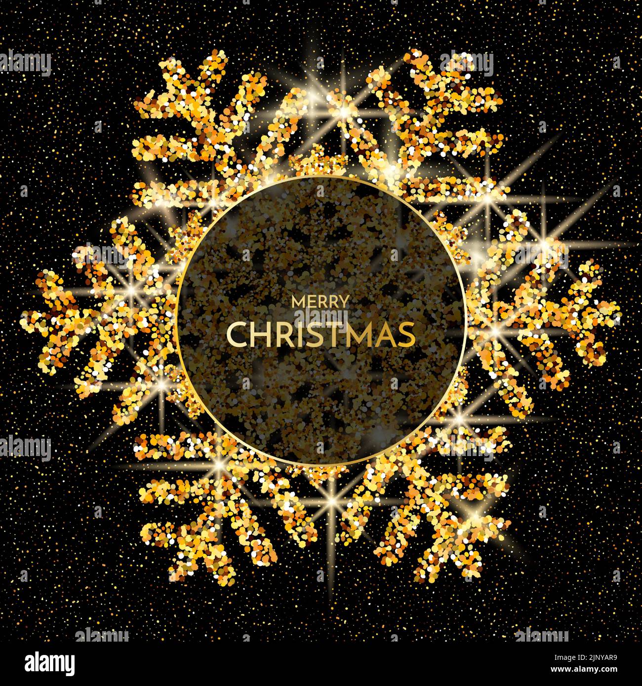 Buon biglietto d'auguri di Natale. Fiocco di neve d'oro di glitter su sfondo scuro. Buon testo di Natale. Illustrazione Vettoriale