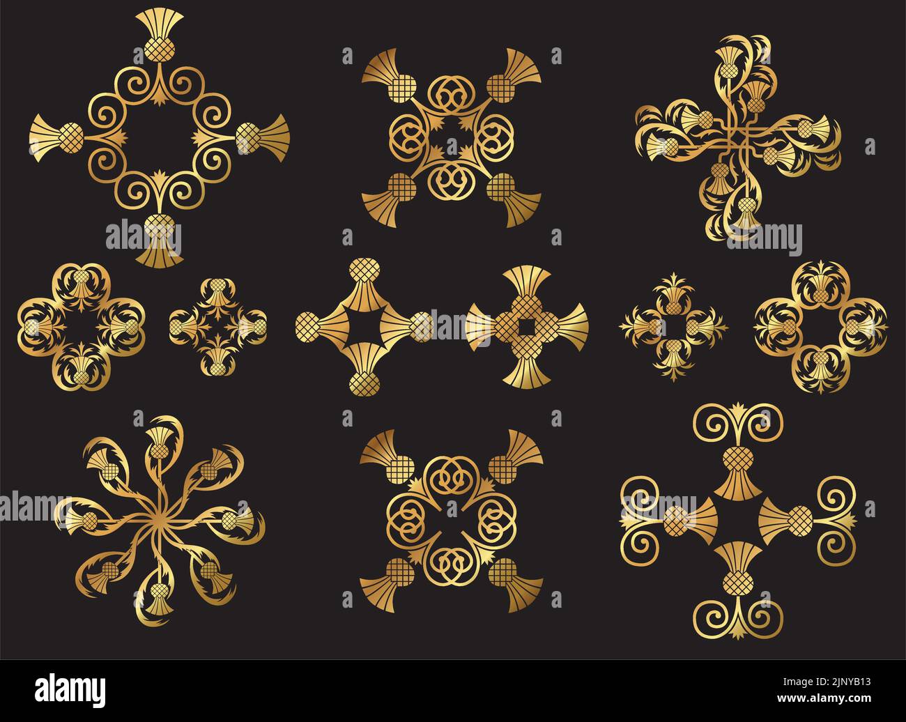 Una serie di icone ornamentali floreali d'oro vintage vettoriale. Illustrazione Vettoriale