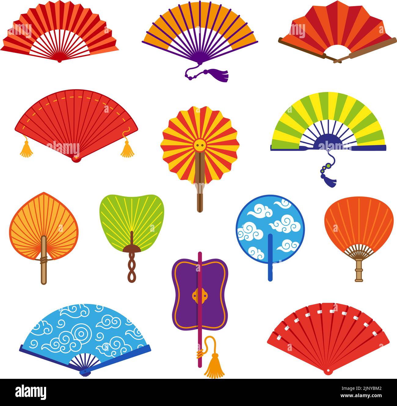 Ventola palmare orientale. Giappone giallo rosso ventole icone isolate. Fanning orientale accessori per la mano simbolo, Cina personale attributo tradizionale in ordine Illustrazione Vettoriale
