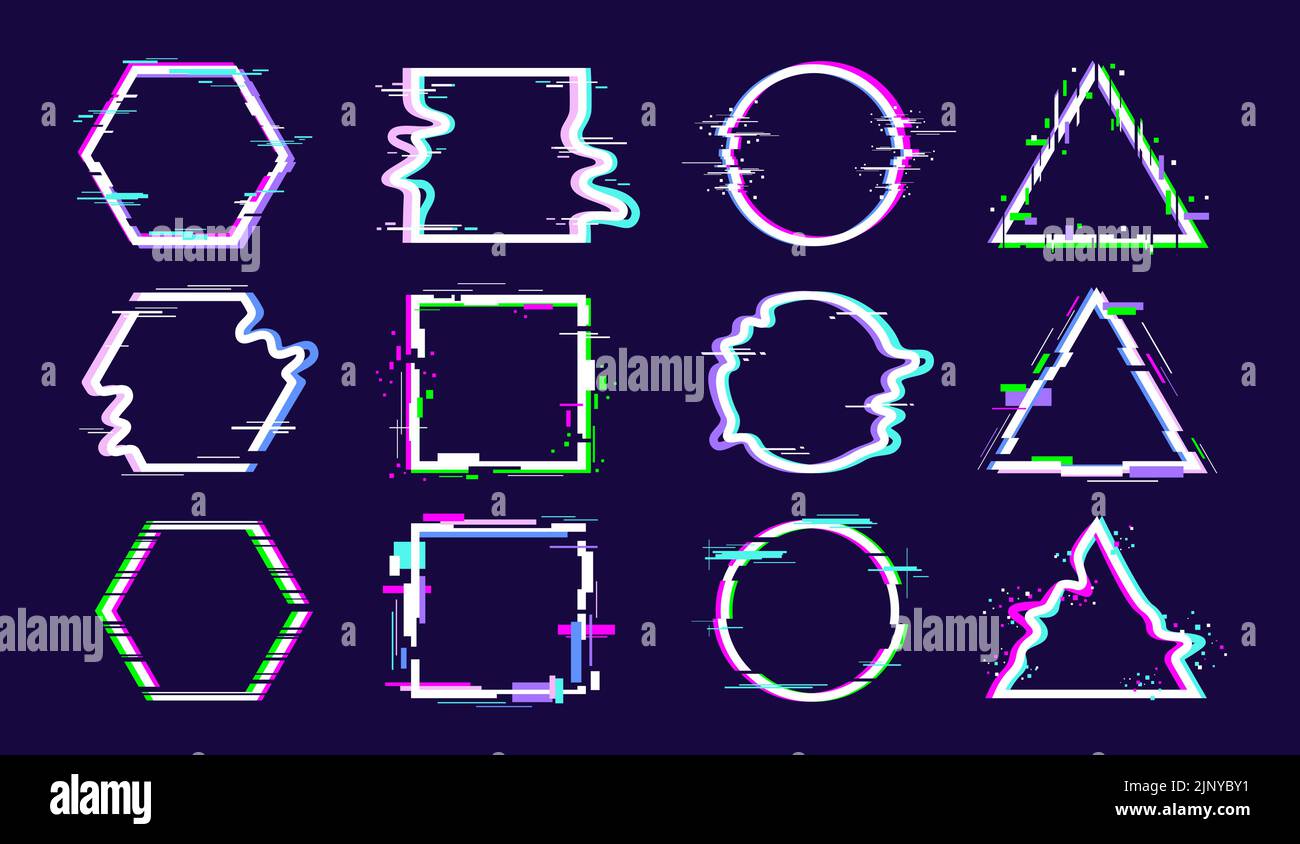 Cornice effetto glitch. Light tv bug, danza forme geometriche e anello digitale. Cerchi astratti al neon, triangoli e quadrati. Arte tecnologia del futuro racy Illustrazione Vettoriale