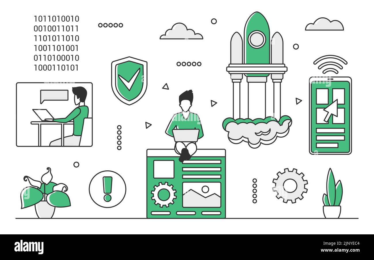 Team di sviluppo del codice. Ingegnere software, codifica e programmazione sviluppatore monocromatico illustrazione vettoriale Illustrazione Vettoriale