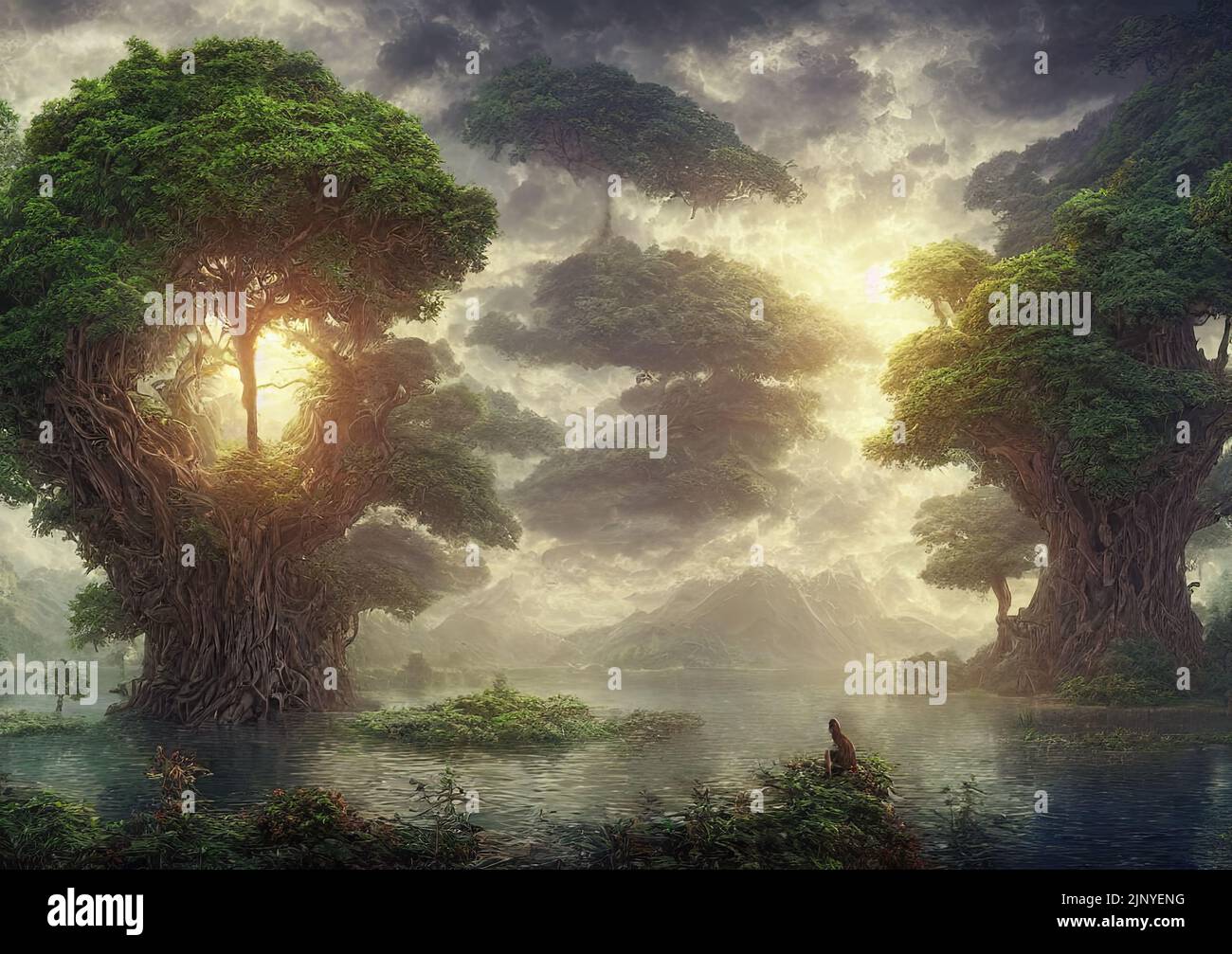 3d rendering di un bellissimo albero viola che cresce nel mondo della fantasia surreale Foto Stock