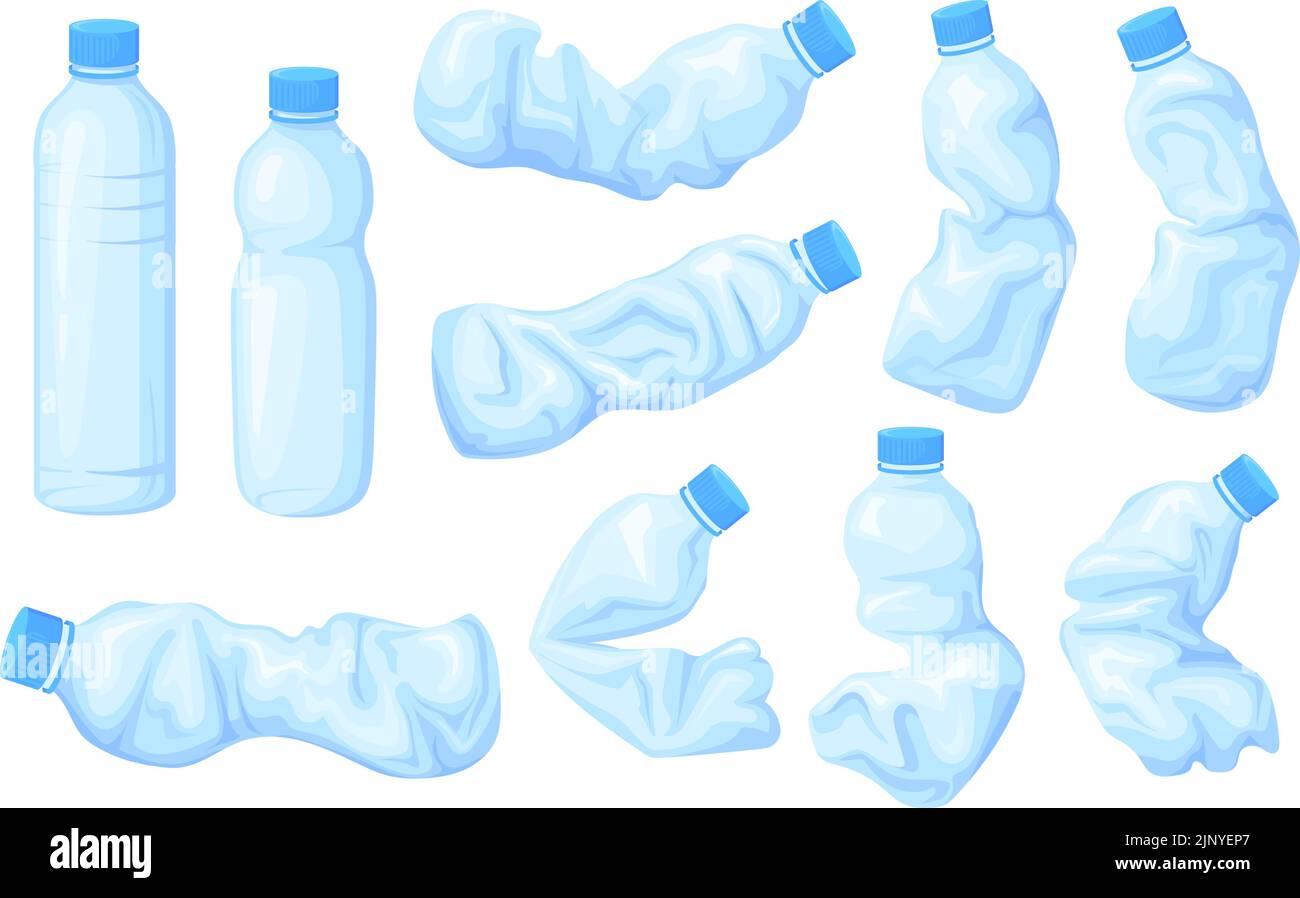 Bottiglie stropicciate. Plastica non igienica schiacciare acqua bottiglia, usato rotto rifiuti in bottiglia rifiuti plastica rifiuti di mare rifiuti di rifiuti contaminazione ambiente, vettore chiaro illustrazione del riciclo bottiglia Illustrazione Vettoriale