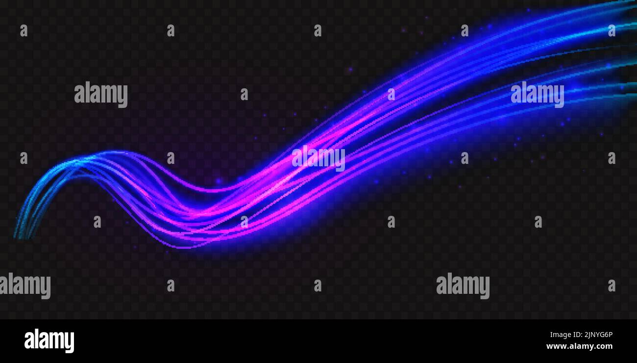Forma d'onda luminosa al neon, illustrazione astratta del vettore effetto luce. Blu al neon viola ondulato linee curve fluenti luminose, luce magica energia movimento particella isolato sfondo nero trasparente. Illustrazione Vettoriale