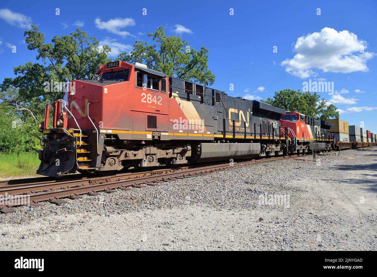 Elgin, Illinois, Stati Uniti. Locomotive Canadian National Railway che conducono un treno merci intermodale attraverso i sobborghi di Chicago. Foto Stock