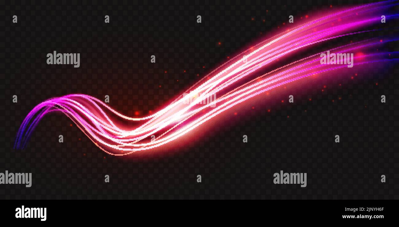 Forma d'onda luminosa al neon, illustrazione astratta del vettore effetto luce. Ondulate linee di curva fluenti rosa brillante viola brillante, magica energia bagliore movimento particella isolato sfondo nero trasparente. Illustrazione Vettoriale