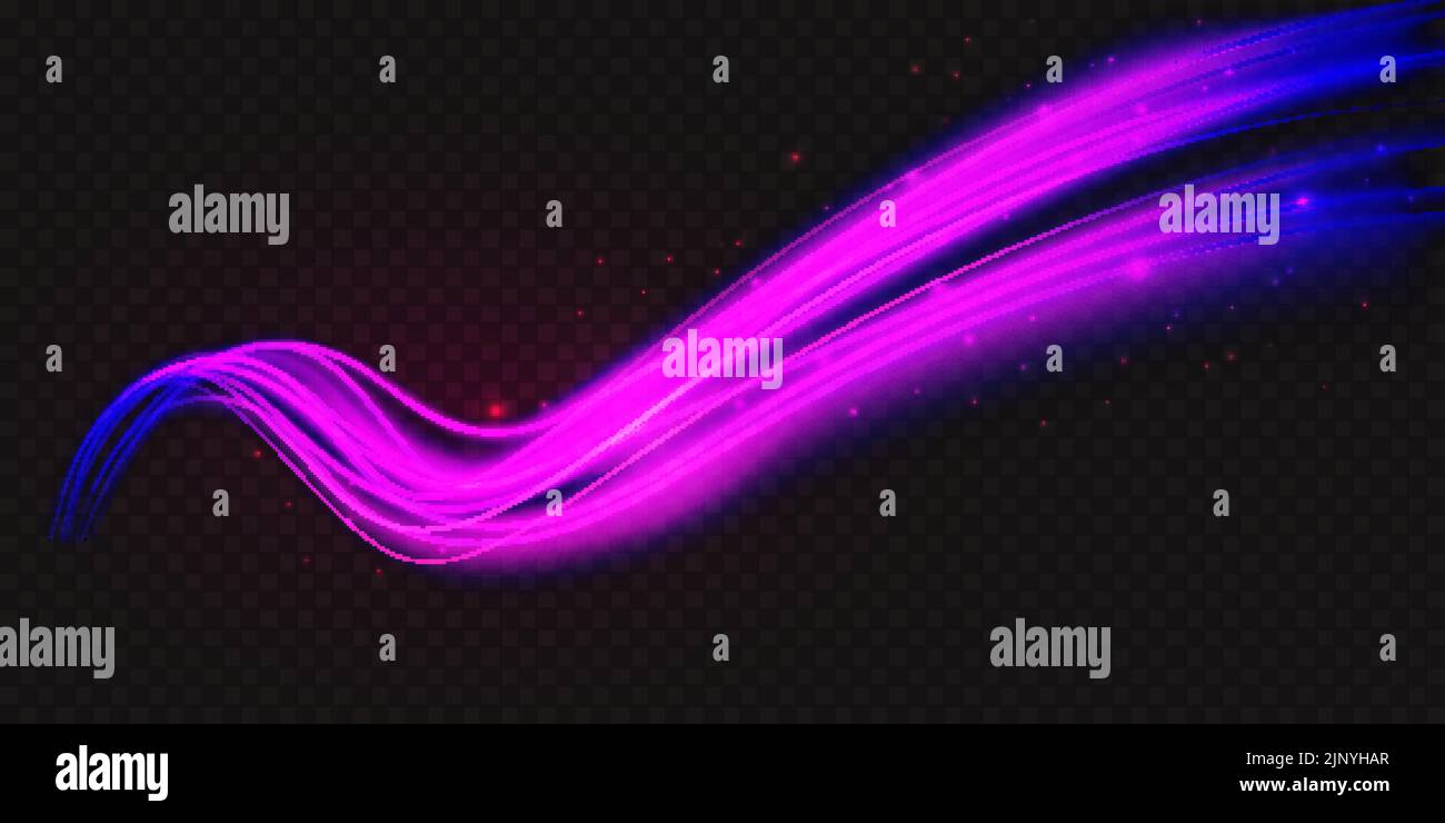 Forma d'onda luminosa al neon, illustrazione astratta del vettore effetto luce. Ondulato viola luminoso viola linee curve fluenti luminose, luce magica energia movimento particella isolato sfondo nero trasparente. Illustrazione Vettoriale