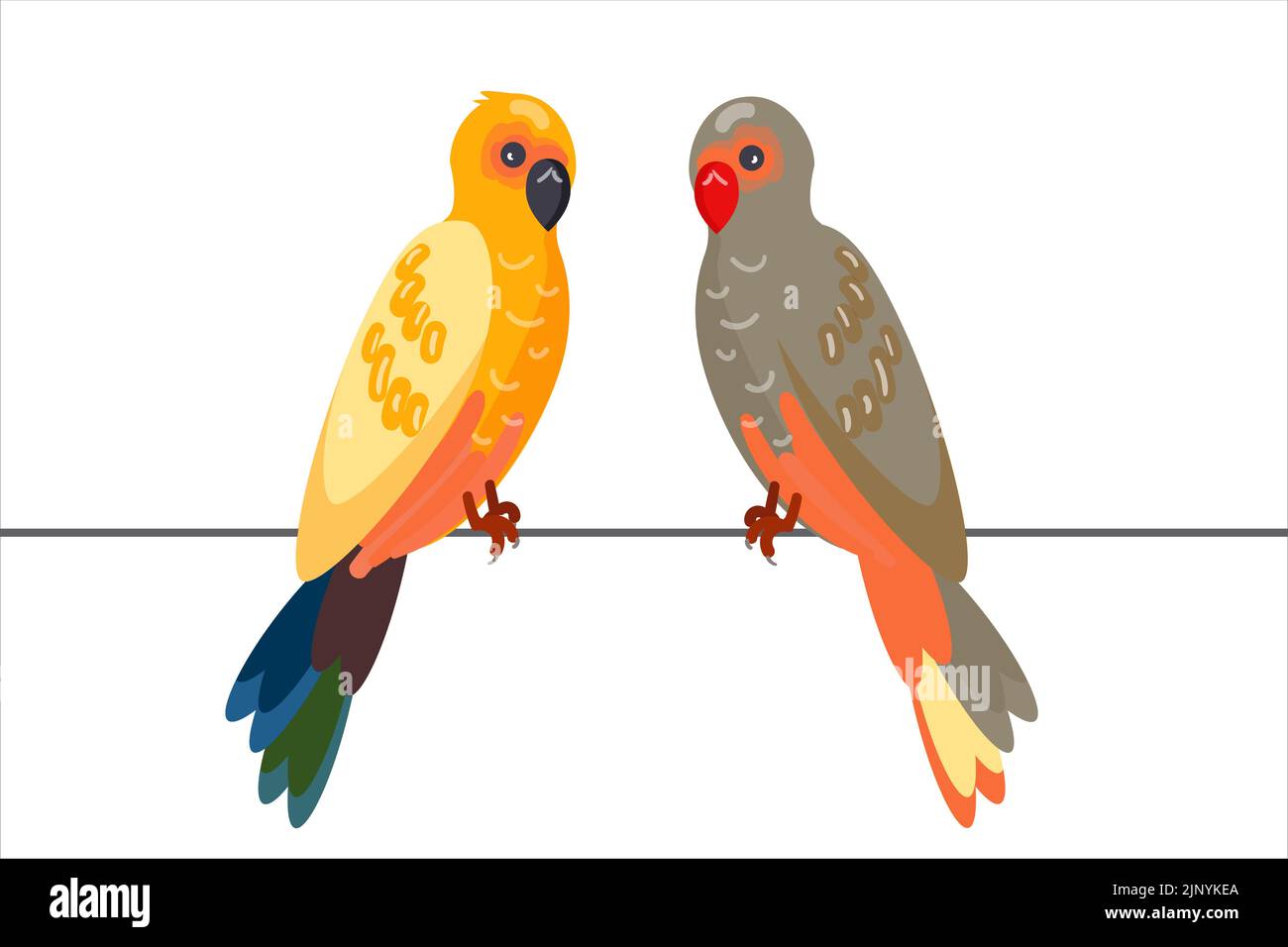 Pappagalli sedersi su un filo. Uccelli su un filo. Illustrazione isolata su sfondo bianco. Stile cartone animato. Illustrazione vettoriale. Illustrazione Vettoriale