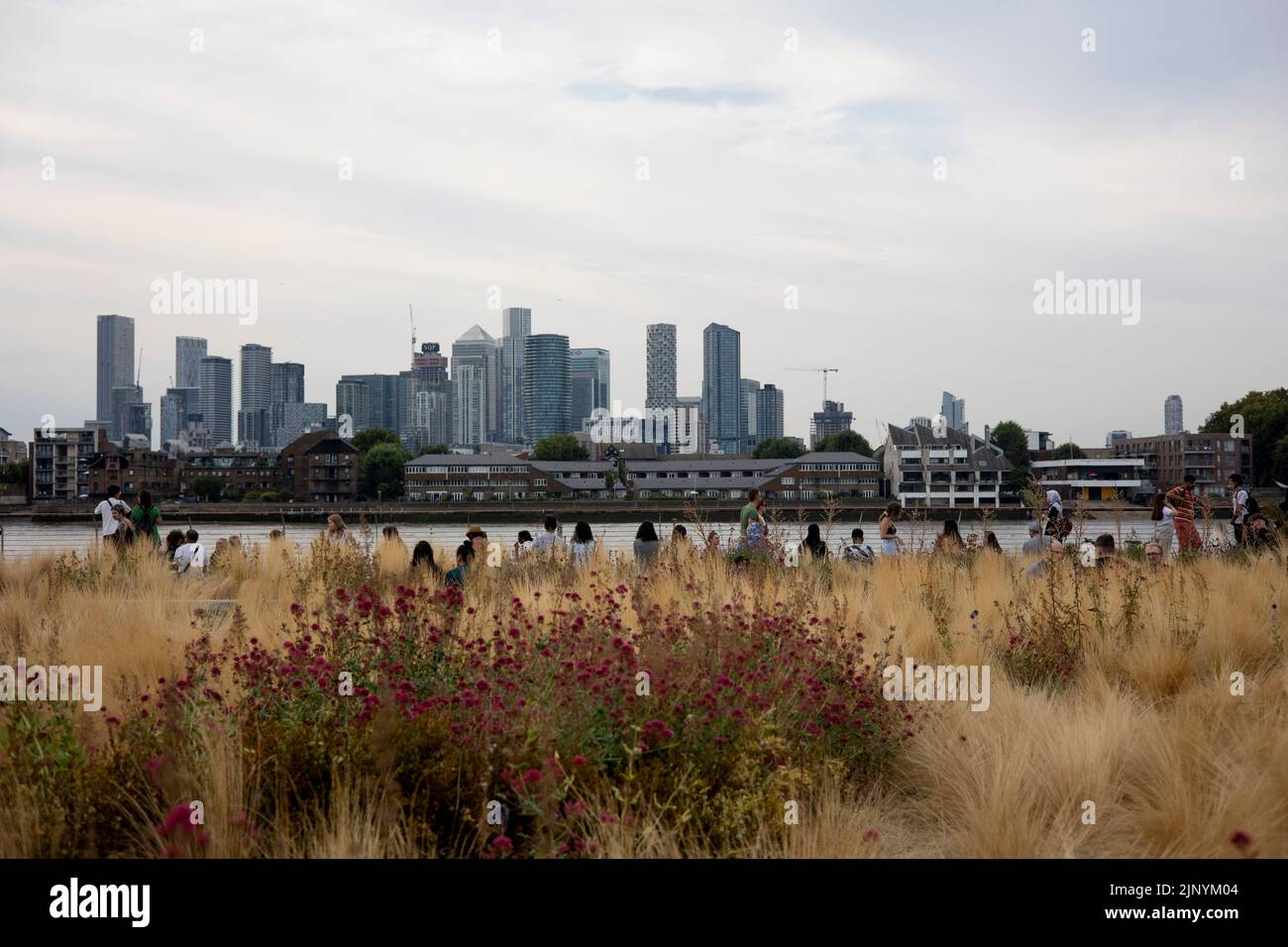 Londra, Regno Unito. 14th ago, 2022. La gente ha visto sedersi sul lato del Tamigi durante la domenica calda. 8 delle 14 regioni dell'Inghilterra hanno dichiarato la siccità venerdì dopo un'ondata di caldo prolungata con una pioggia minima quest'estate a causa del cambiamento climatico. (Foto di Hesther ng/SOPA Images/Sipa USA) Credit: Sipa USA/Alamy Live News Foto Stock