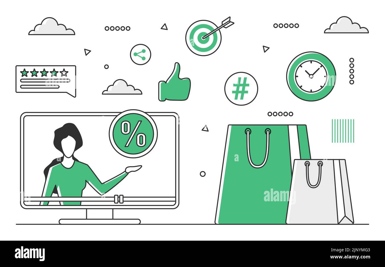 Annuncio di vendita di sconto. Offerta speciale promozionale, online shopping campagna vettore monocolor illustrazione Illustrazione Vettoriale