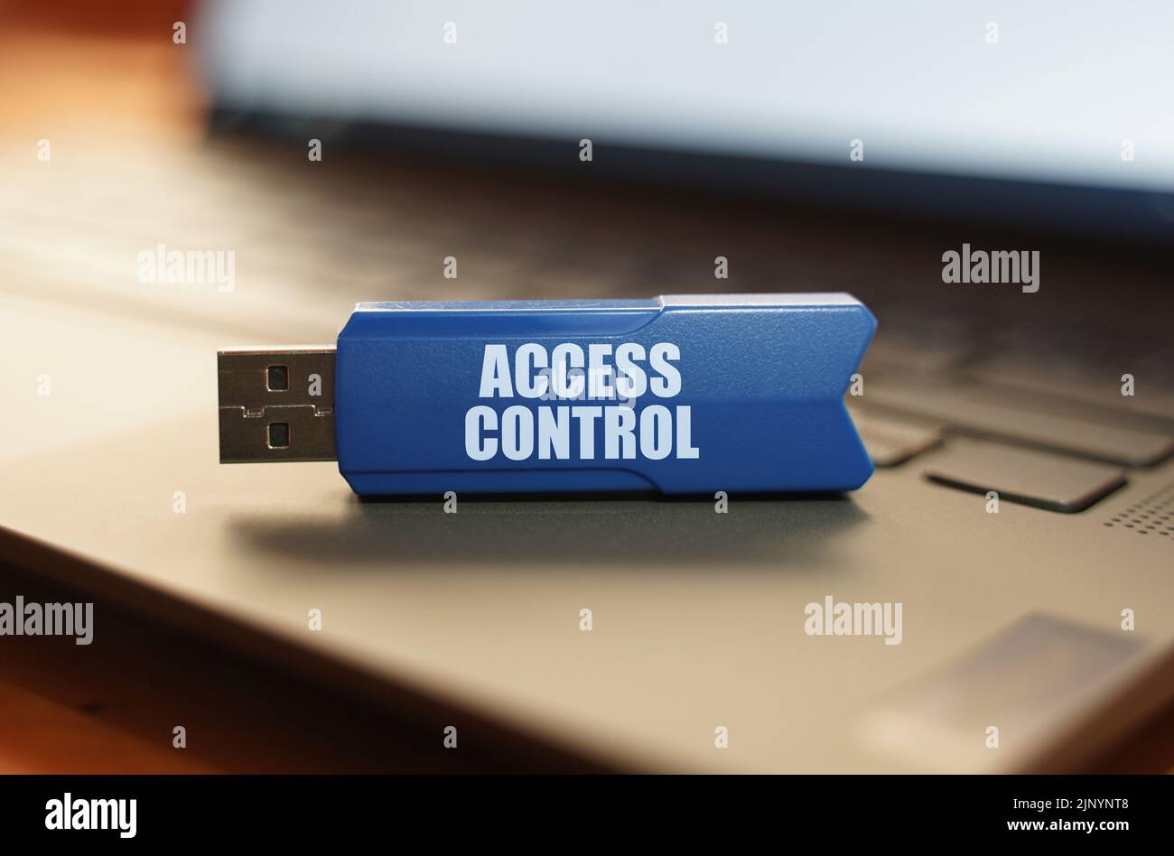 Concetto di computer e sicurezza. Sulla tastiera del computer portatile è presente un'unità flash con l'iscrizione - CONTROLLO DELL'ACCESSO Foto Stock