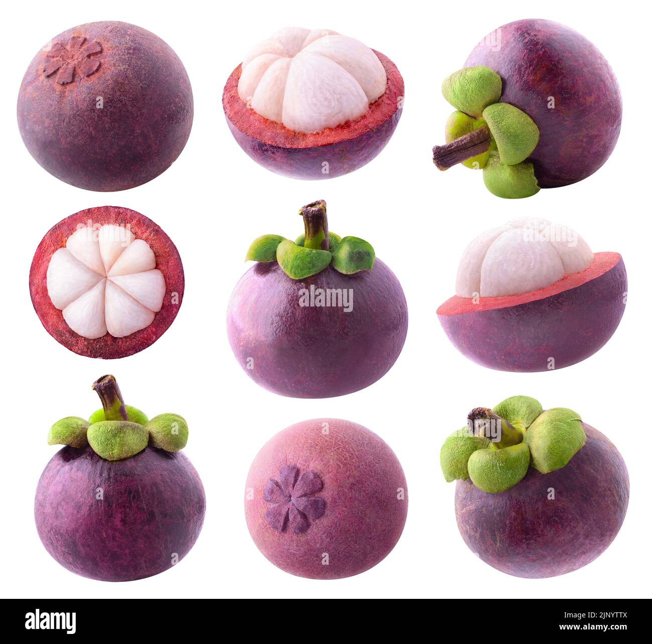 Collezione di mangostani isolati. Insieme di frutta di mangostee intera e tagliata isolata su fondo bianco Foto Stock