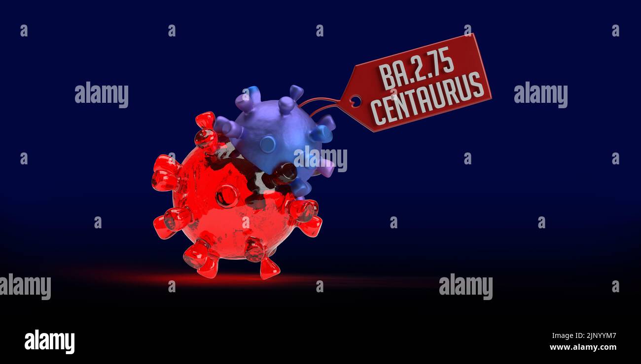 Breaking News: Nuovo sub-variante BA.2,75 Centaurus di SARS-COV-2 coronavirus scoperto. 3D rendere Covid-19 cellula batterica, nome tag, copia spazio al buio Foto Stock