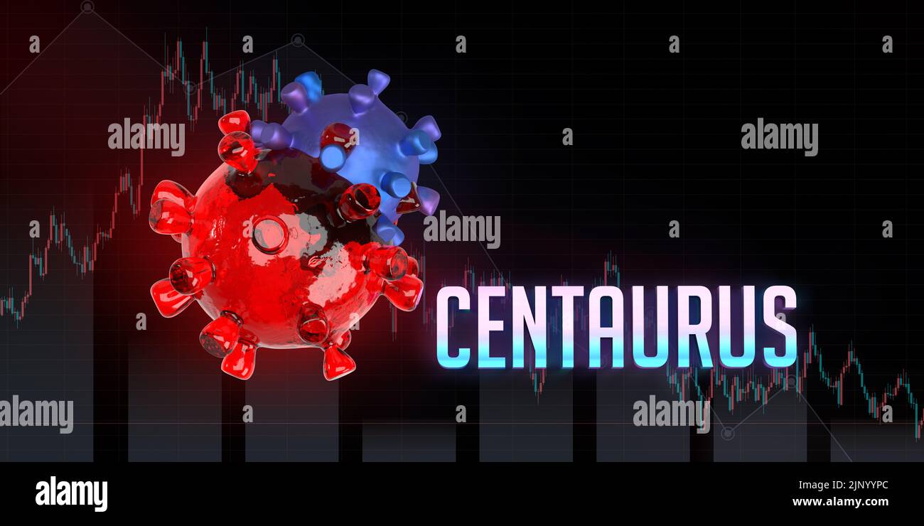 Breaking News: Centaurus sottovariante di SARS-COV-2 coronavirus. 3D rendere Covid-19 cellula batterica, nome tag, copia spazio. Immagine della funzione tracciato di ritaglio. Foto Stock
