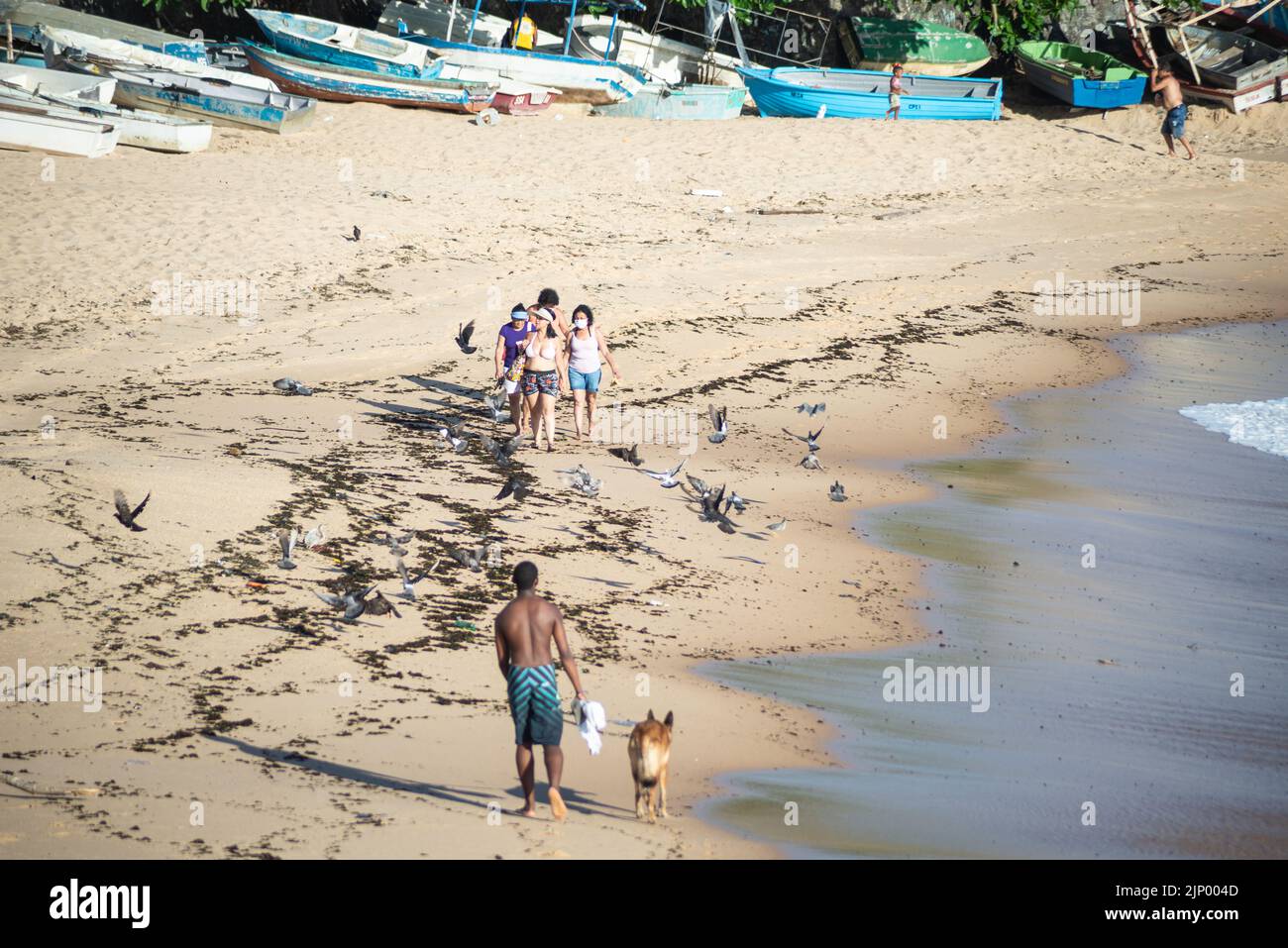 Il giovane uomo cammina con il cane sulle sabbie della spiaggia di Rio Vermelho a Salvador, Bahia. Foto Stock