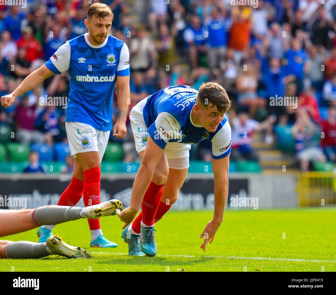 Ethan Devine in azione - Linfield Vs Portadown, Windsor Park Belfast, domenica 14th agosto 2022 Foto Stock