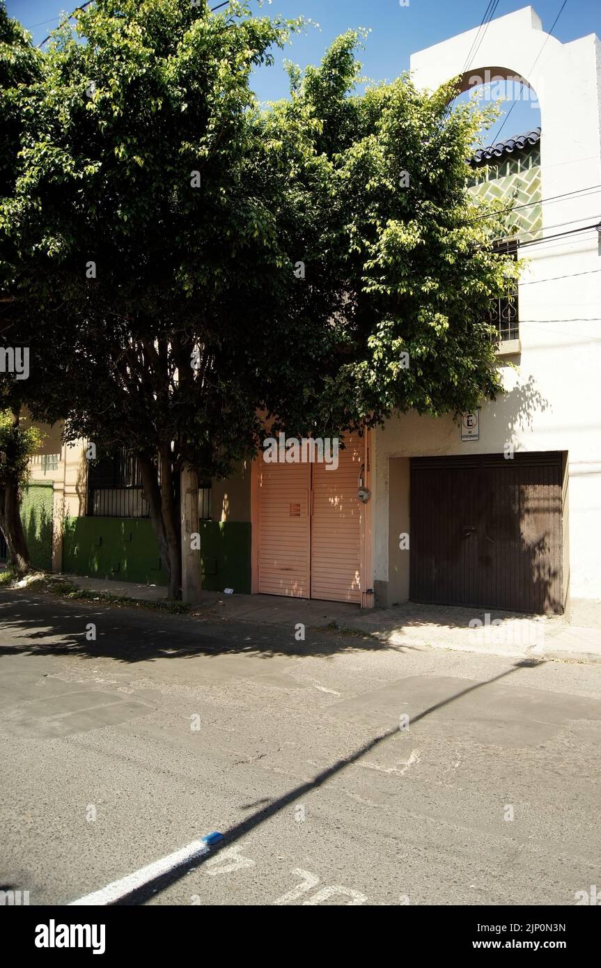 facciata di case messicane a guadalajara, ingresso di lamiera dipinta di rosa Foto Stock