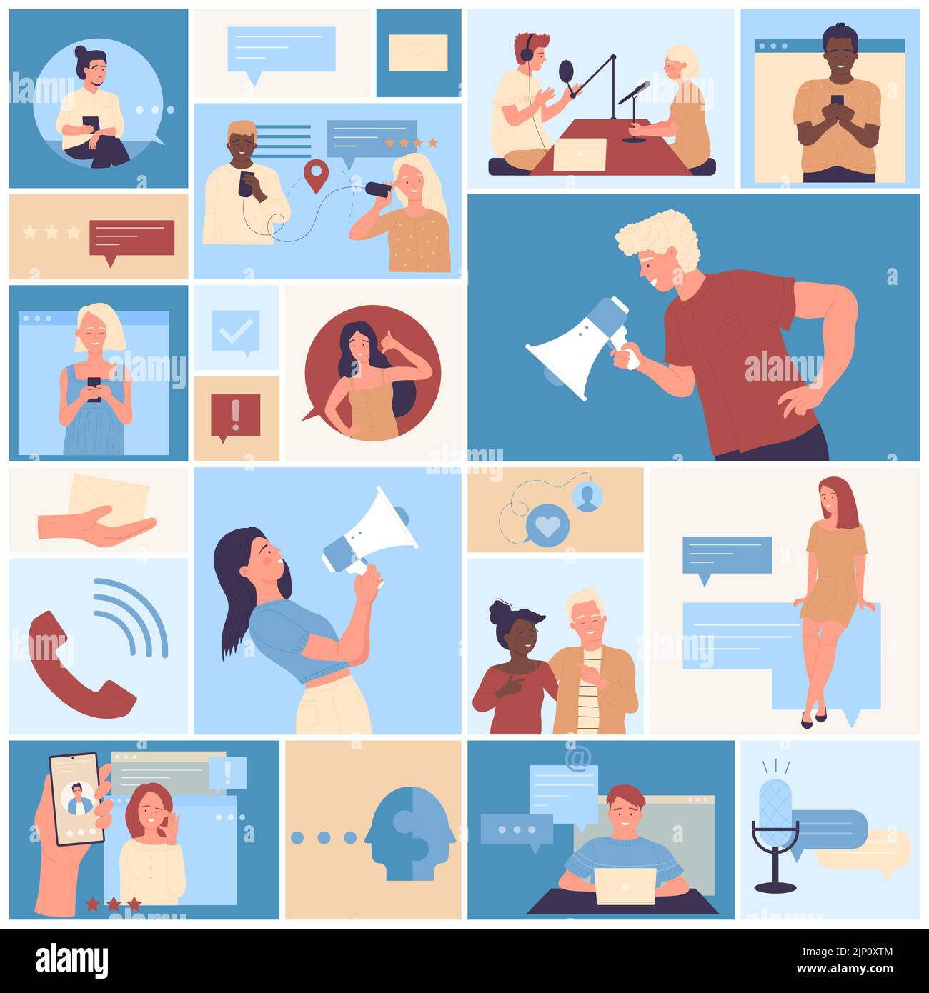 Piattaforma informativa, campagna e illustrazione vettoriale del set di comunicazione. Cartoon persone annunciare notizie in megafone, comunicare con i messaggi, sms in fondo collage quadrato. Concetto di tecnologia PR Illustrazione Vettoriale