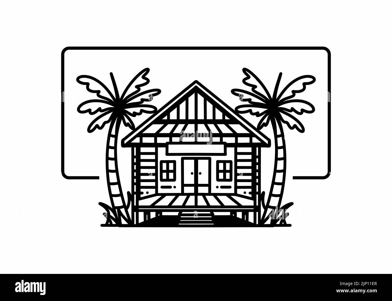 Illustrazione badge design di una casa in legno sulla spiaggia Illustrazione Vettoriale