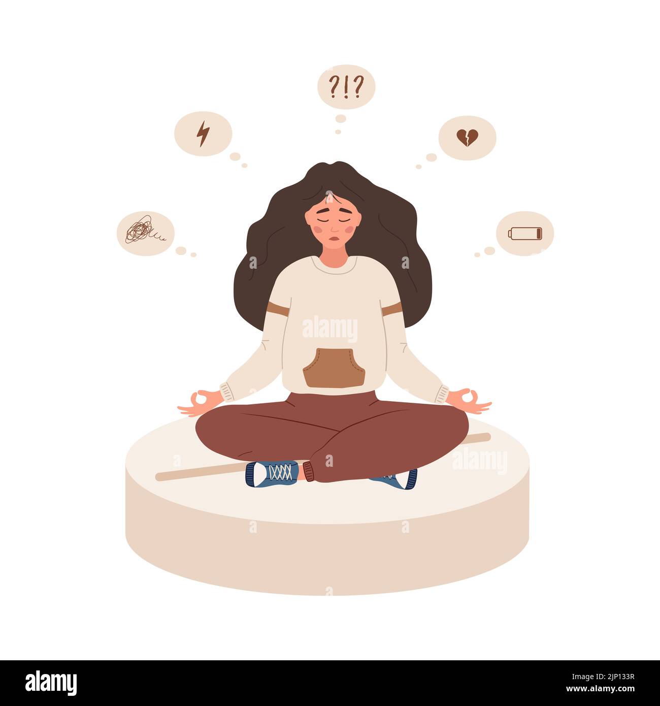 Triste ragazza è seduta su una grande pillola. Farmaci contro la depressione. Donna infelice ha bisogno di aiuto medico. Concetto di malattia psicologica. Illustrazione vettoriale in piano Illustrazione Vettoriale