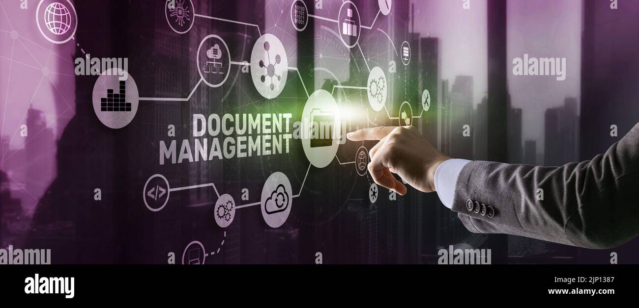 Concetto di tecnologia aziendale del sistema di gestione dei documenti. DMS sullo schermo virtuale Foto Stock