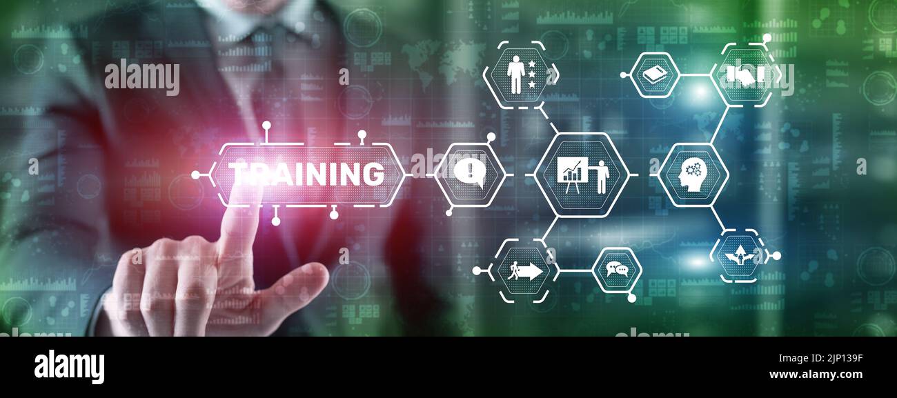 Formazione motivazione istruzione e-learning concetto aziendale su schermo virtuale Foto Stock