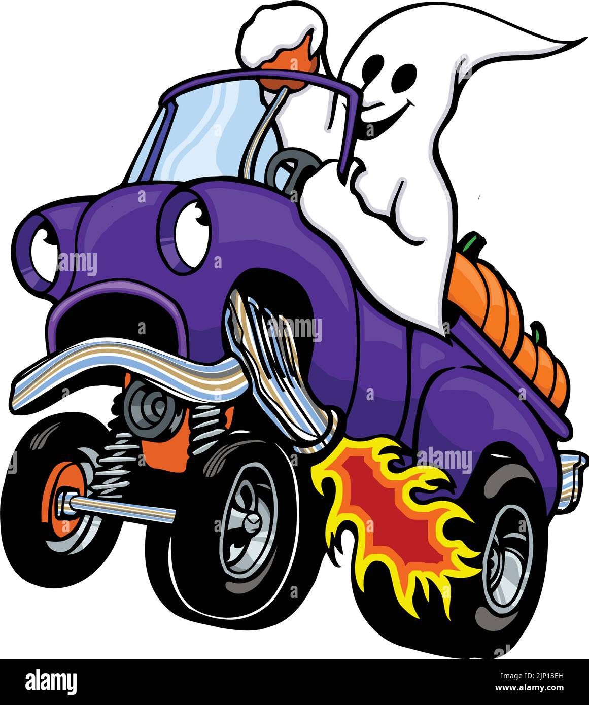 cartoon fantasma guida camion classico con zucche Illustrazione Vettoriale